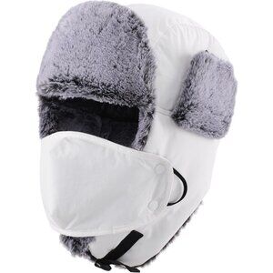 Men's White Trapper Hat Faux Fur Trooper Hunting Cap with Face Mask